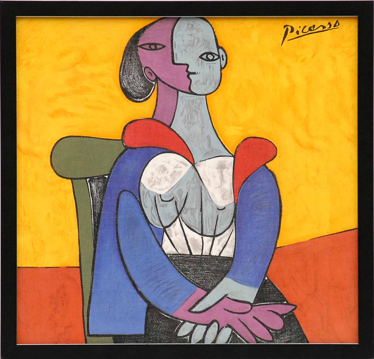 PABLO PICASSO Yellow Seated Woman Textile 46cm X 48cm Framed And