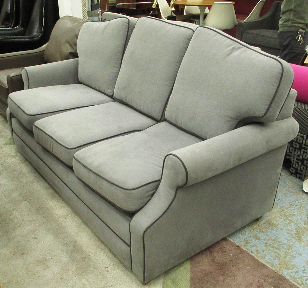 GREY AND BLACK PIPING SOFA BED, three seater, 175cm x 50cm x 45cm.