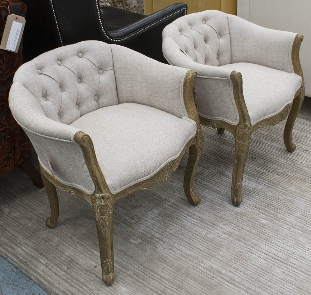 BEDROOM CHAIRS, a pair, in neutral buttoned fabric, French style on