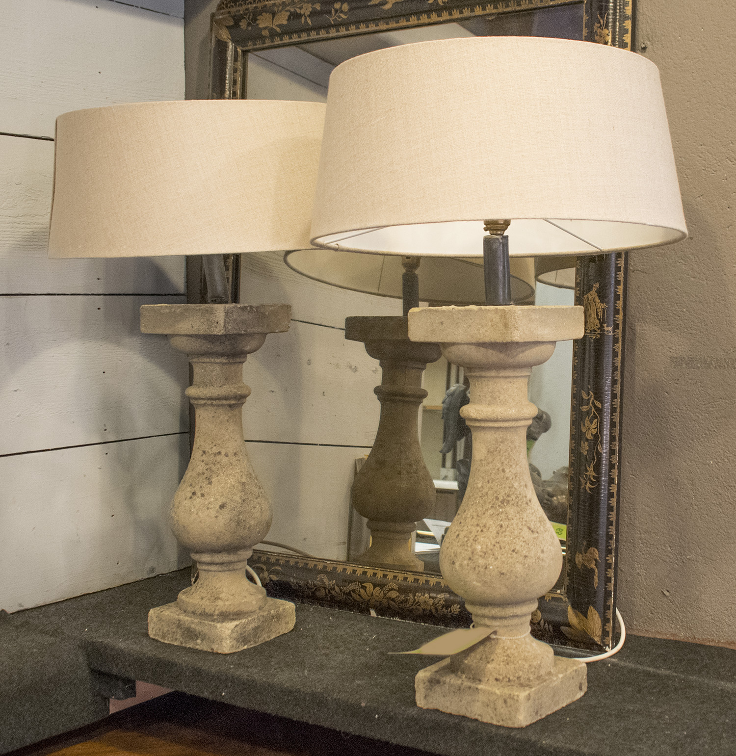 BALUSTER LAMPS, a pair, reconstituted stone with shapes, overall height