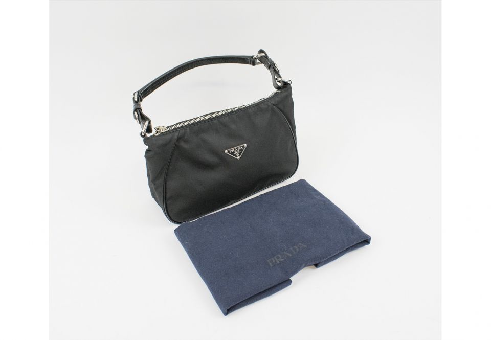 Prada Bag, Black Nylon Small Tote With Silver Hardware
