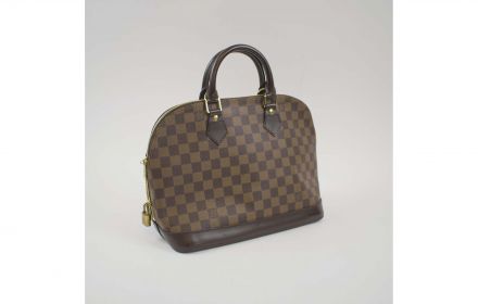 LOUIS VUITTON DAMIER NOLITA BOWLING BAG, with iconic damier pattern, brown  leather handles and trims, gold tone hardware, open front pocket and zip  around closure, with padlock (no keys) and dust bag