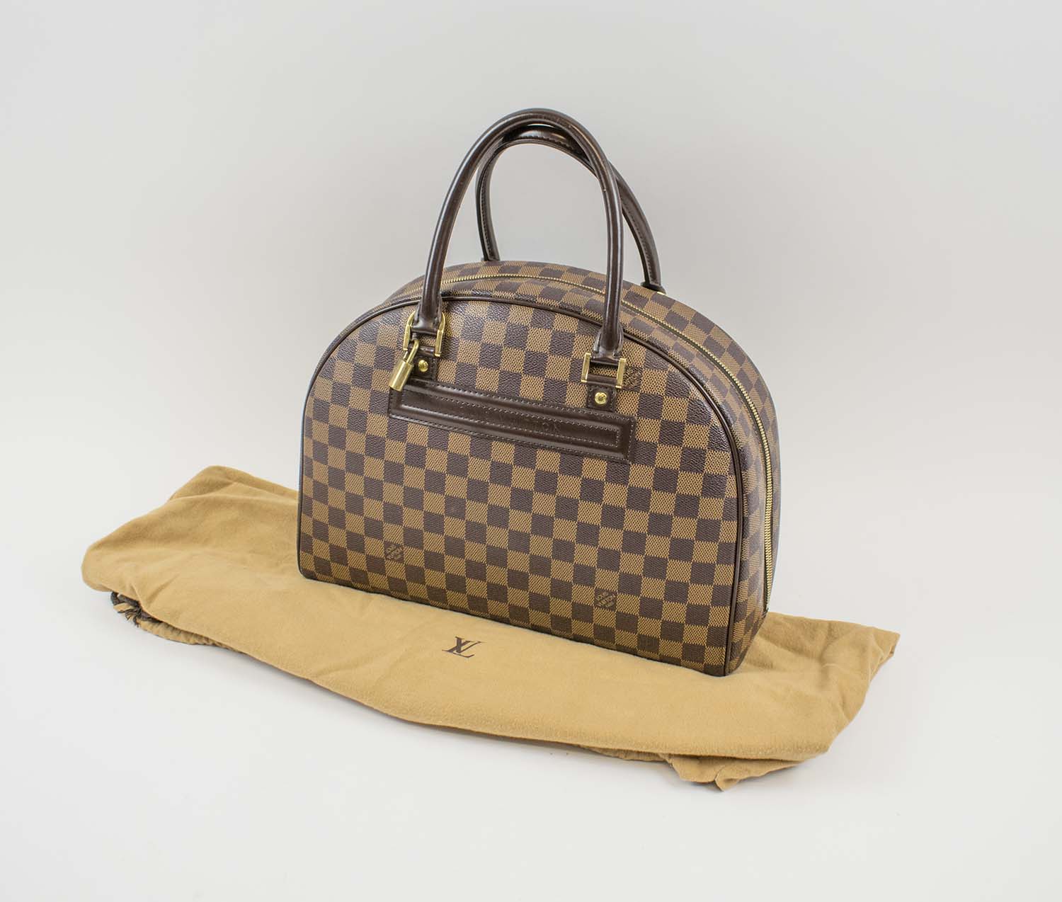 LOUIS VUITTON DAMIER NOLITA BOWLING BAG, with iconic damier pattern, brown  leather handles and trims, gold tone hardware, open front pocket and zip  around closure, with padlock (no keys) and dust bag