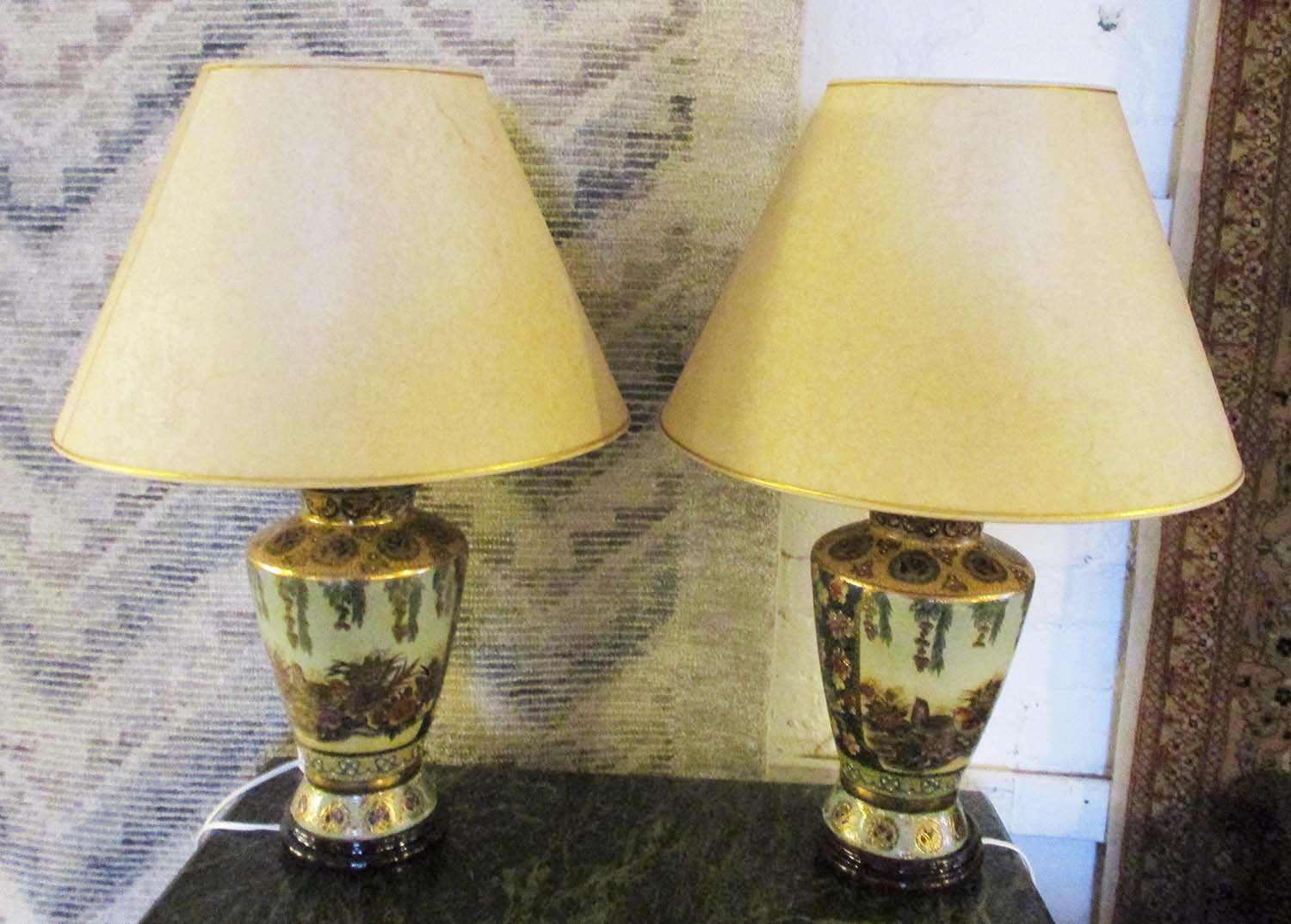 TABLE LAMPS, a pair, ceramic, each with a parchment effect shade and