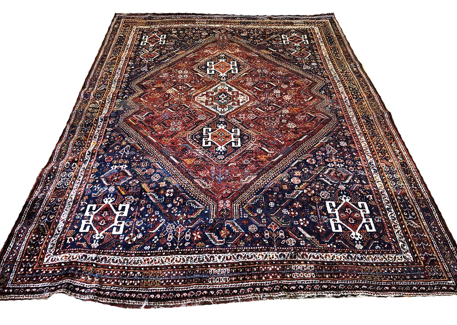 Shiraz Carpet, 303cm X 223cm, Triple Medallions On A Terracotta Field 