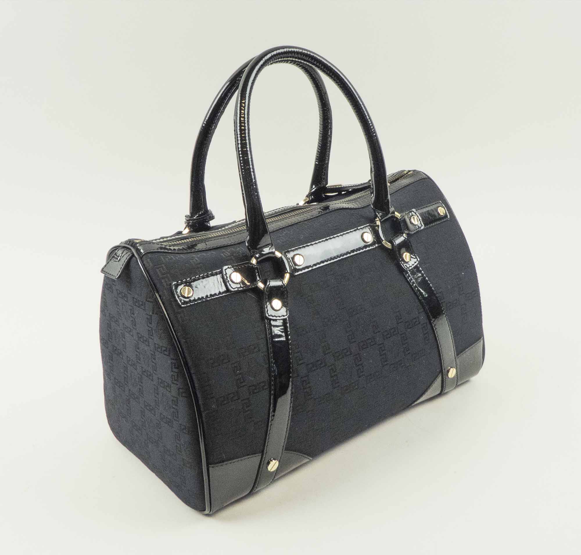 GIANNI VERSACE HANDBAG, black fabric with patent leather trims and top ...