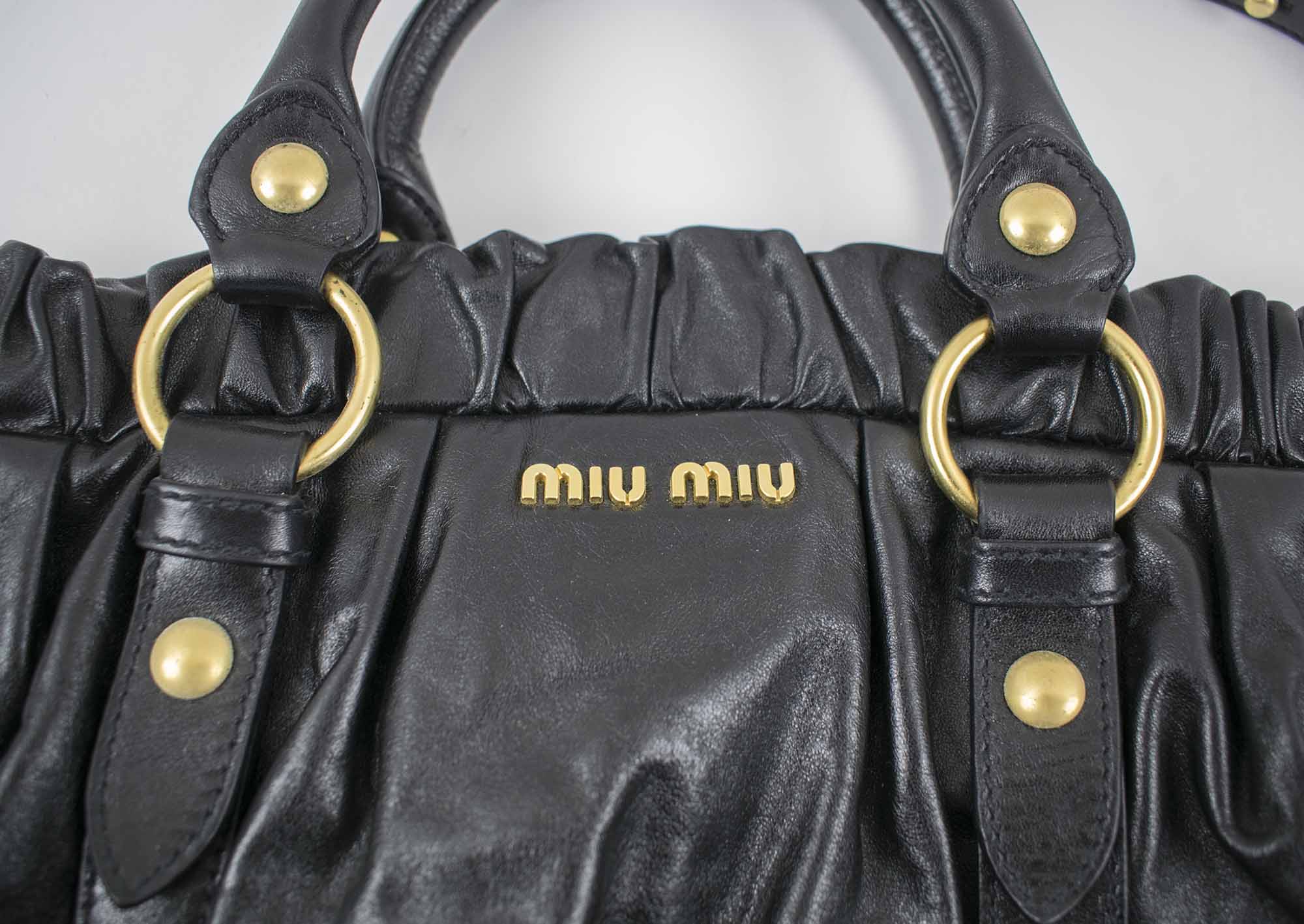 MIU MIU VITELLO LUX GATHERED TOTE BAG, black leather with detachable