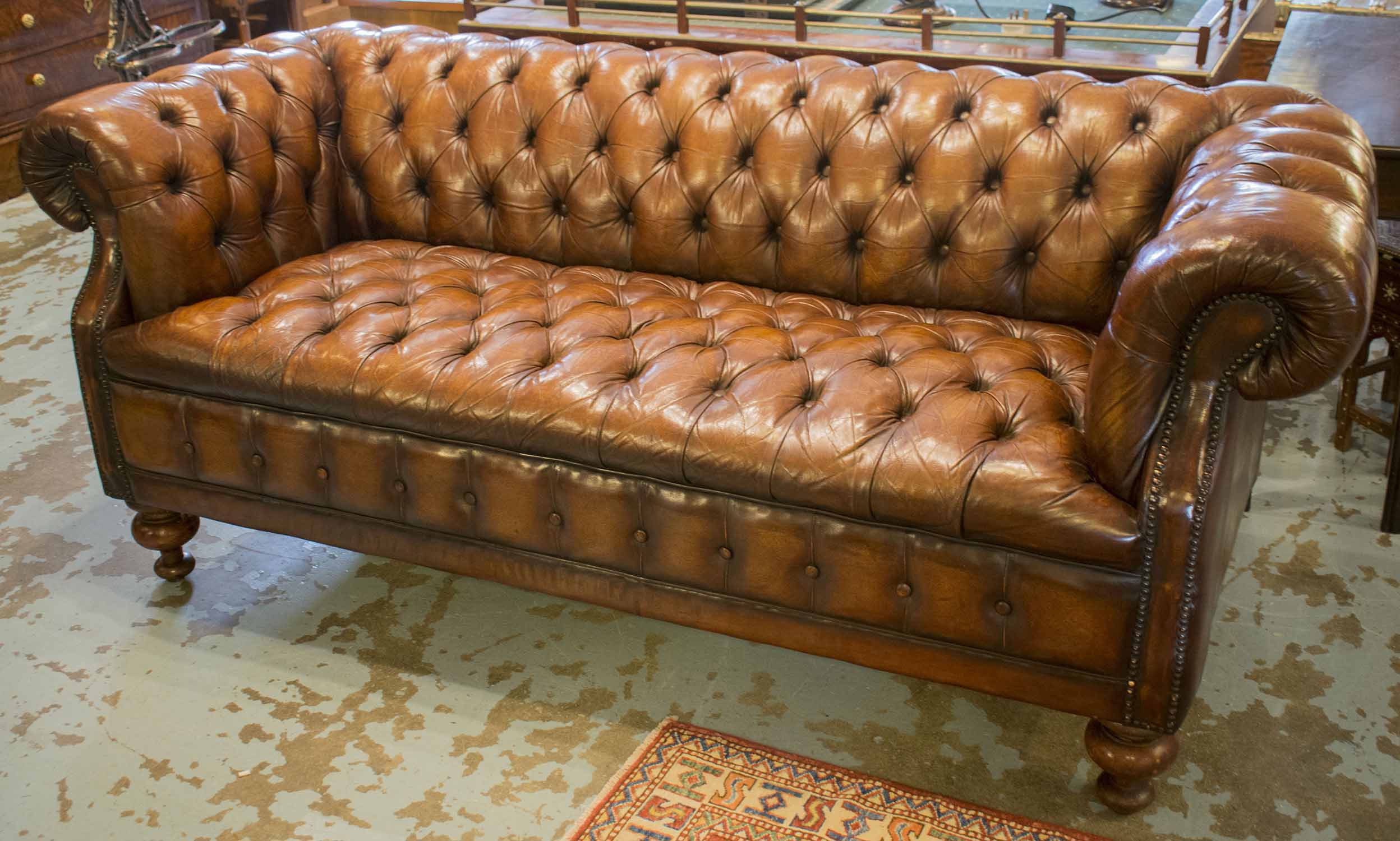 CHESTERFIELD SOFA, vintage hand finished leaf brown leather upholstered