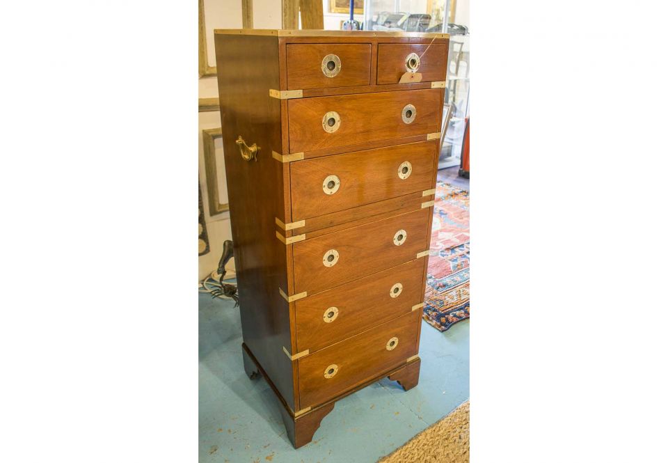 Tall Chest Campaign Style Mahogany And Brass Bound With Two Short