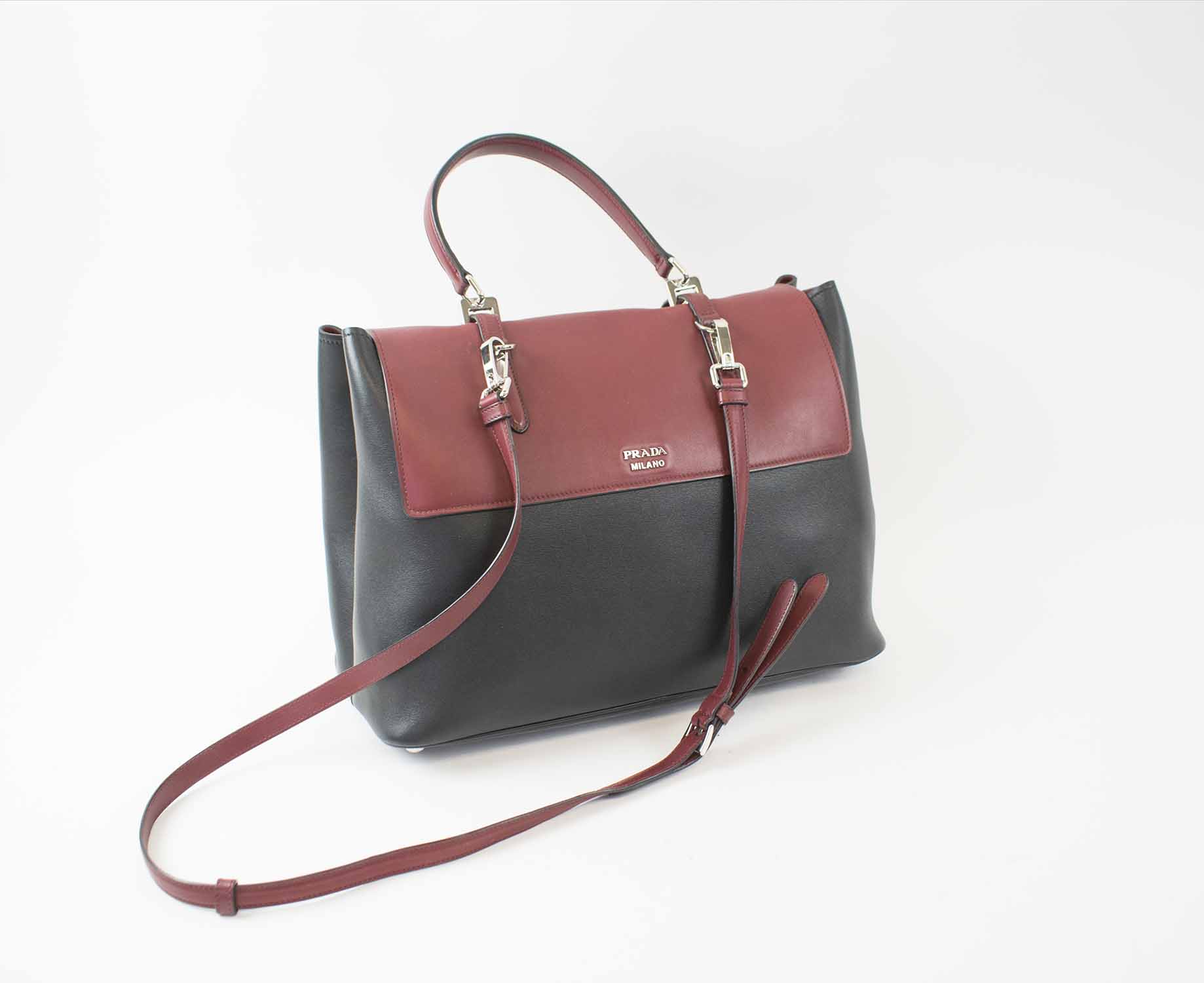 Double leather tote Prada Burgundy in Leather - 33390166