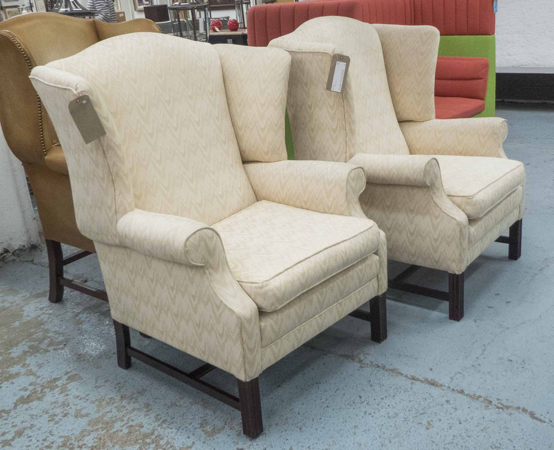 WING BACK CHAIRS, a pair, Georgian style with patterned fabric, each