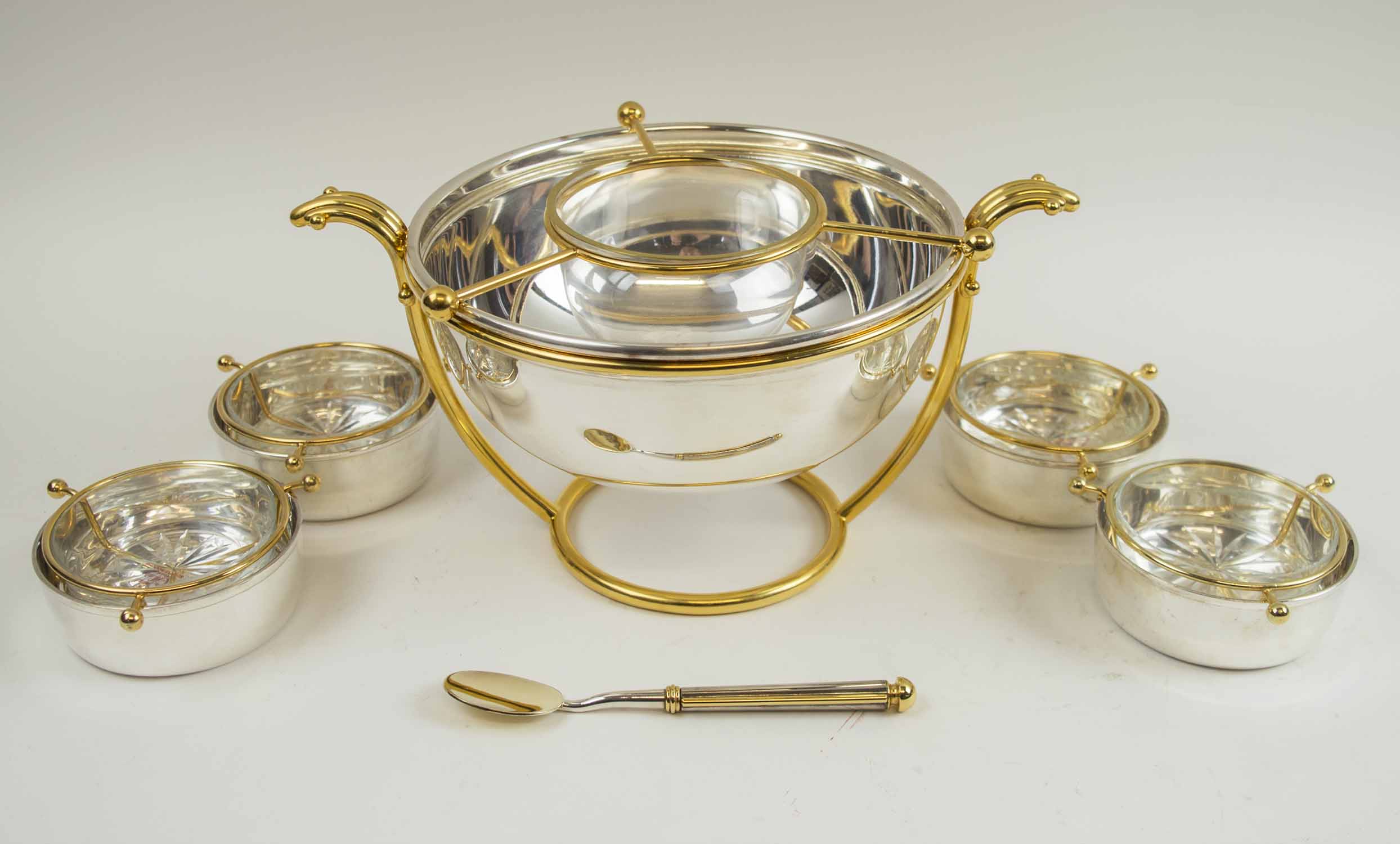 FRENCH CAVIAR SET, silver plate with gilt detail and glass bowls (rim 