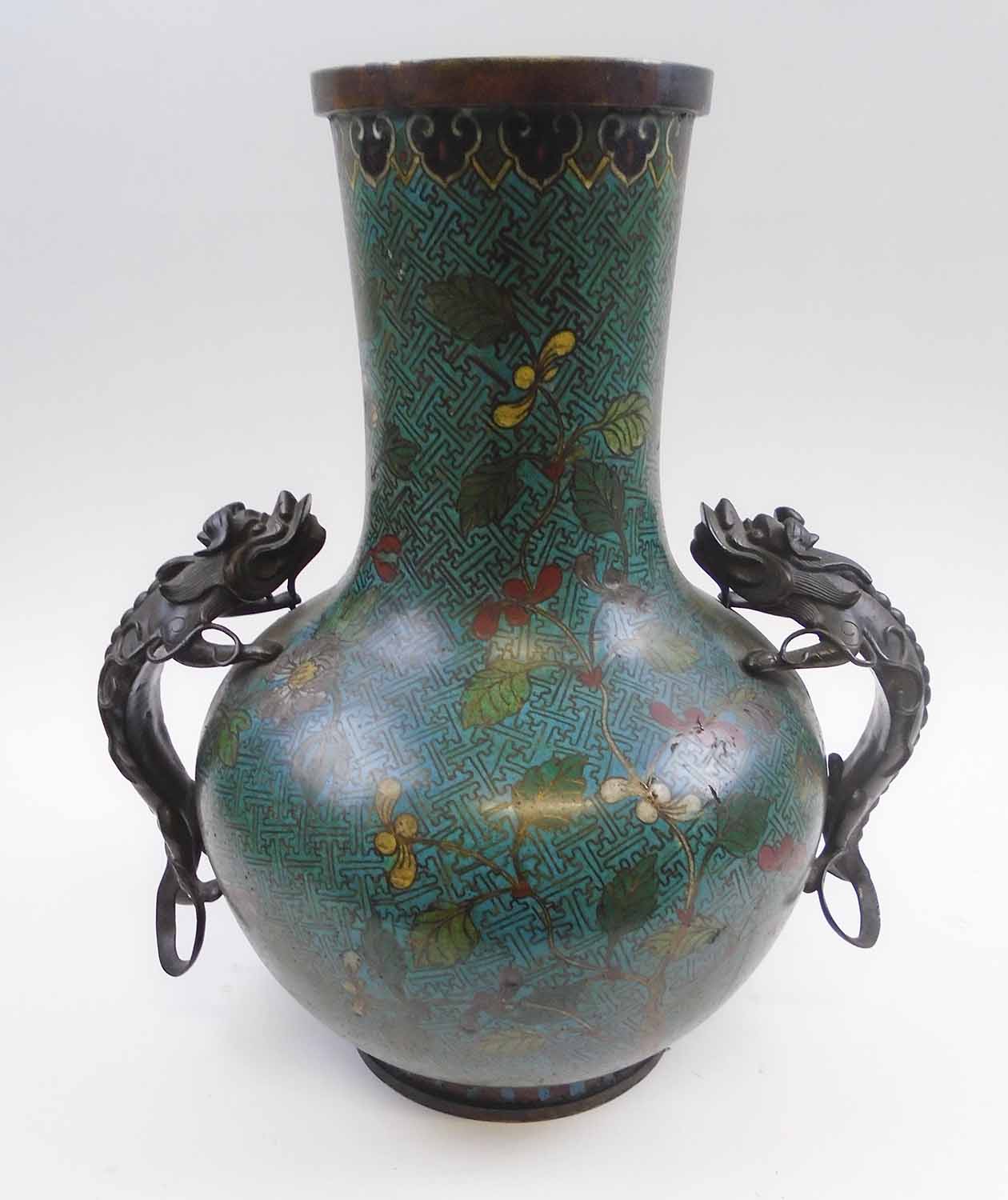 Late 19th Century Chinese Cloisonne Vase With Dragon Handles 41cm H