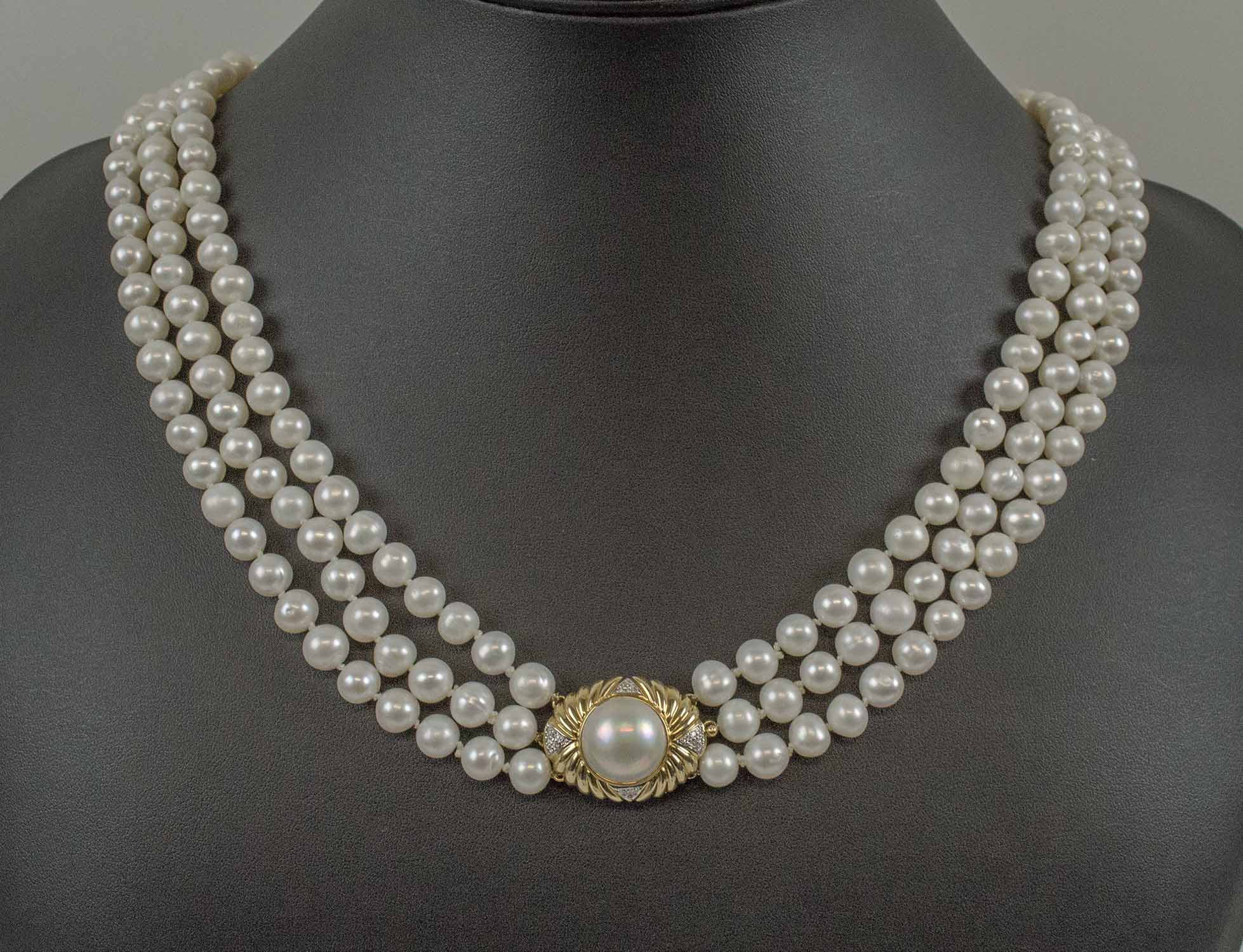 Three Row Freshwater Pearl Necklace With Diamond Set Clasp 4166