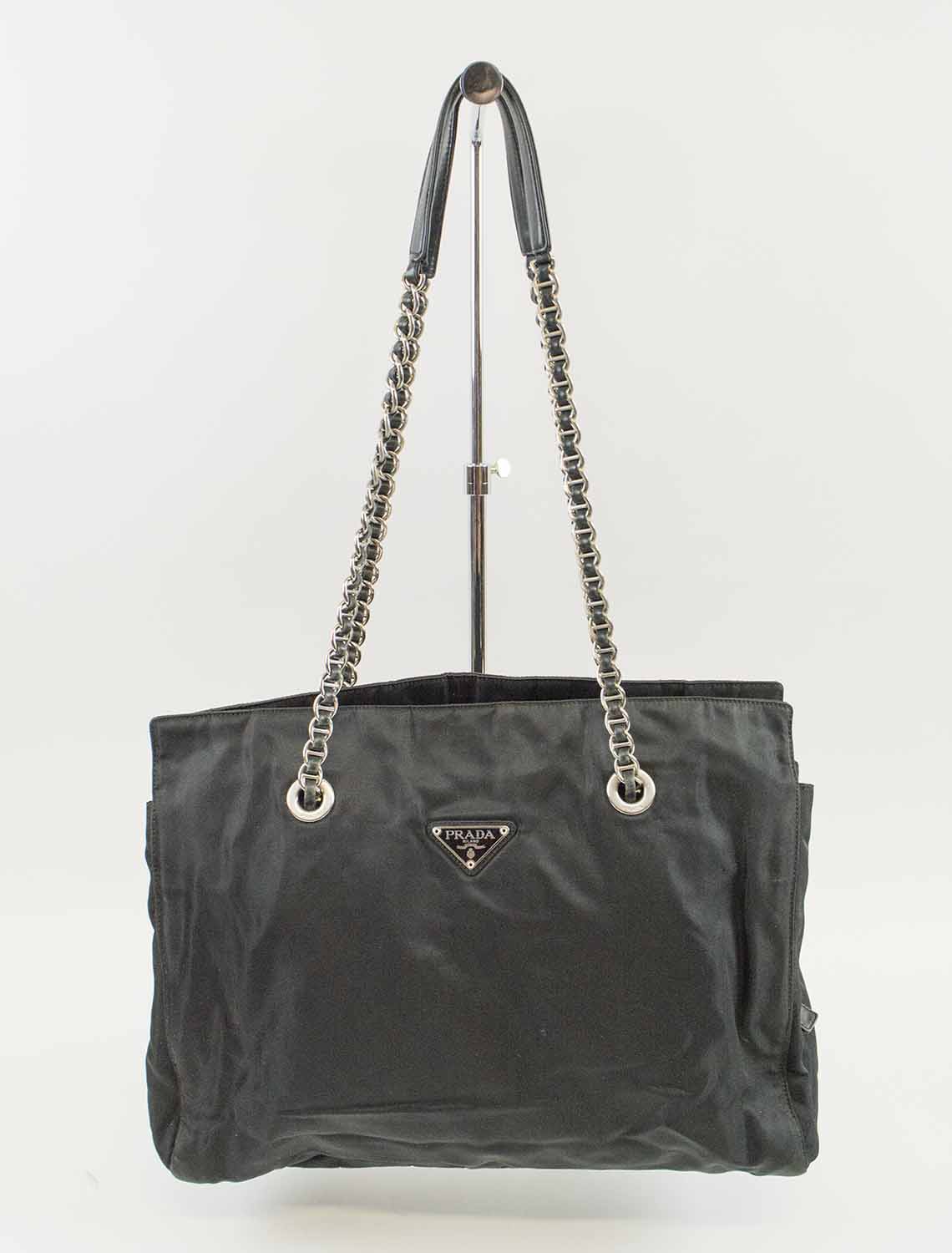 PRADA VINTAGE NYLON TOTE, black nylon with iconic monogram fabric matching  interior, leather and chain shoulder strap, silver tone hardware, three  main compartments, one with zip, 38cm x 13cm x 25cm H.