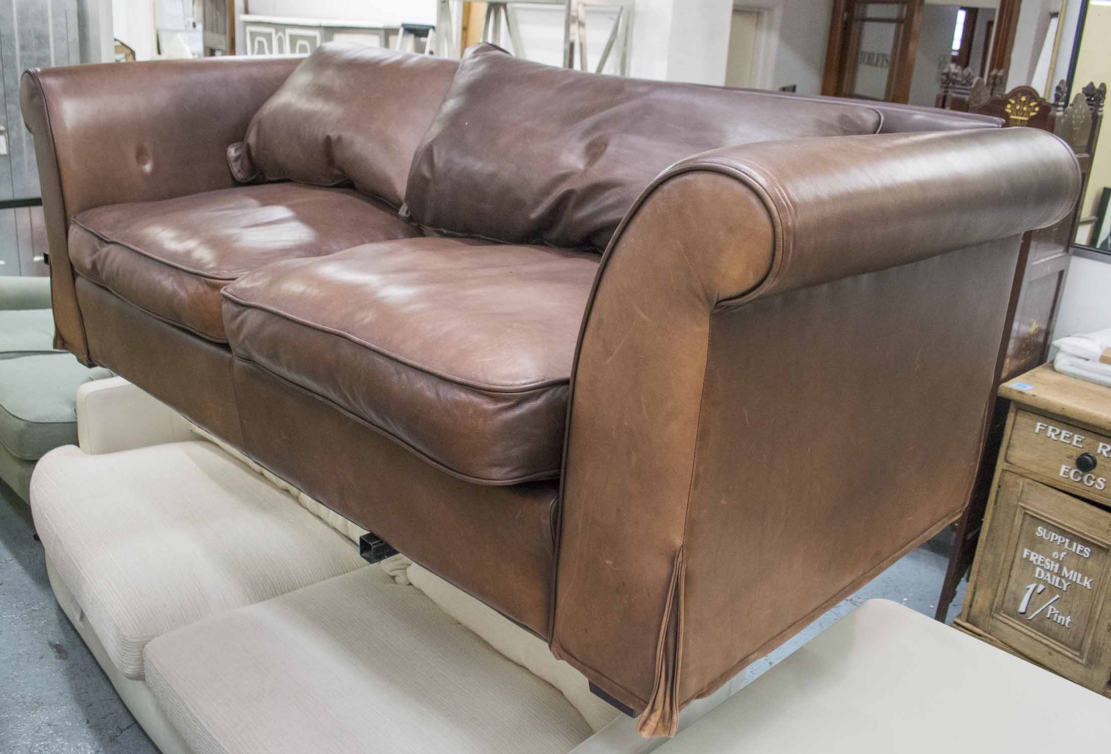HEALS SOFA, brown leather with twin seat and back cushions, 90cm H x