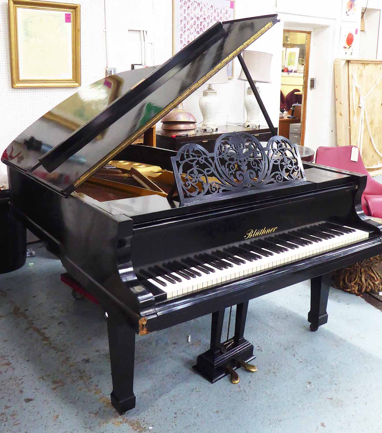 BLUTHNER GRAND PIANO, iron framed overstrung in full gloss ebonised ...