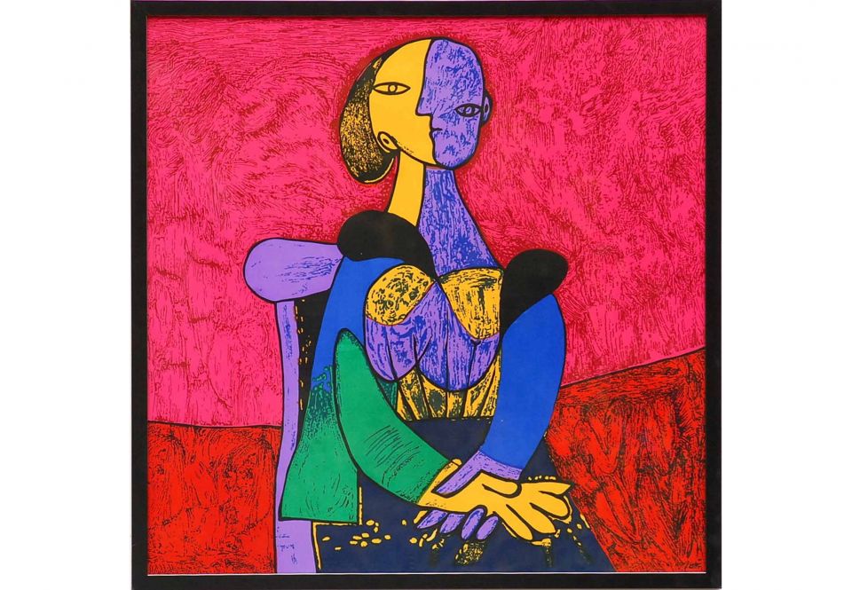 Pablo Picasso Seated Woman Pink Red Textile 80cm X 80cm Framed And Glazed