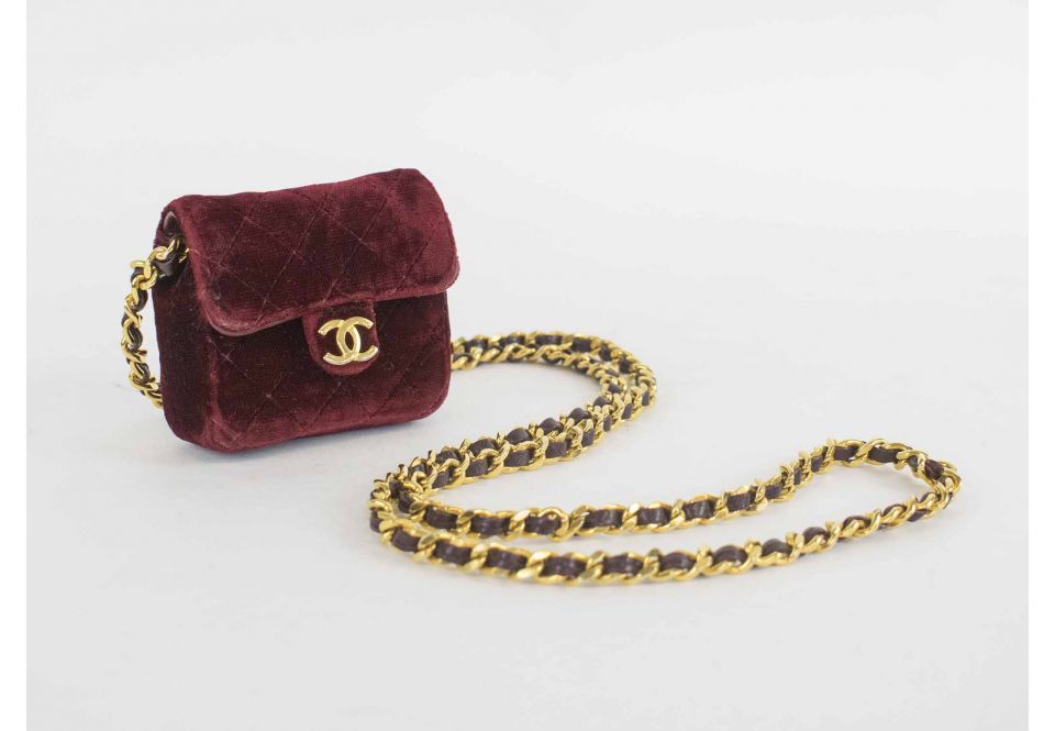 RARE CHANEL MICRO MINI CROSSBODY/SHOULDER BAG, quilted velvet with  interwoven leather and chain strap, front flap closure with leather  interior, 1989-91, 8cm x 7cm x 3cm.
