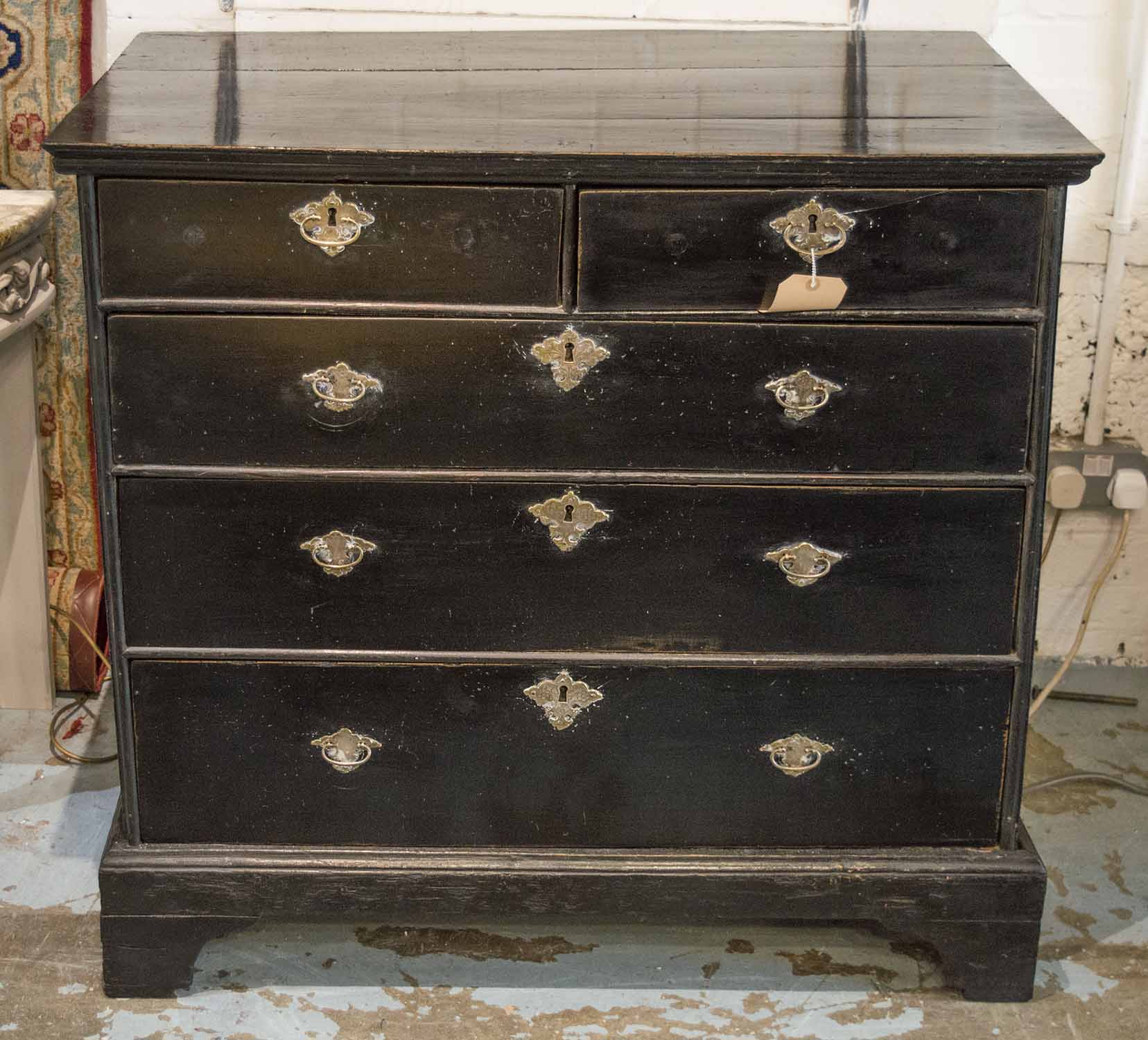 CHEST, early 18th century English fruitwood and ebonised with chased ...