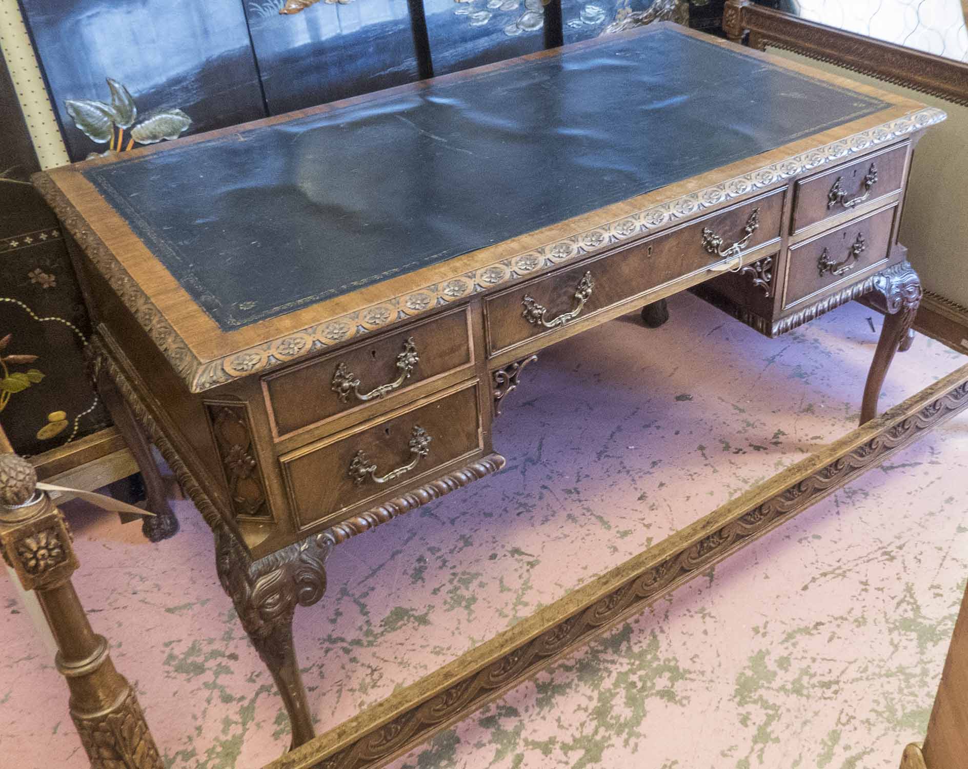 DESK, early 20th century Georgian style mahogany with black leather top ...