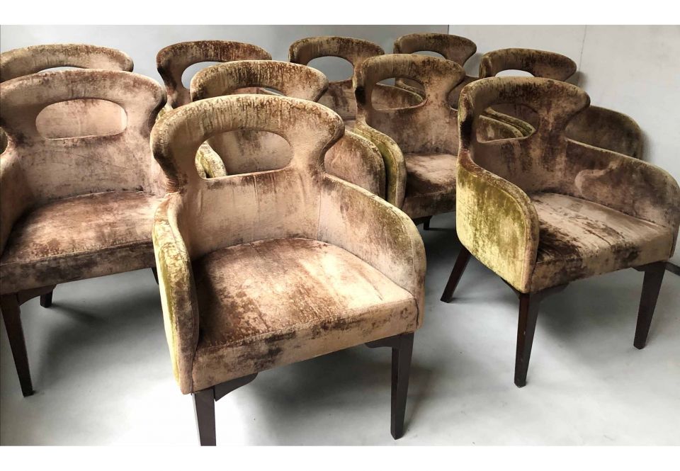 DINING ARMCHAIRS, a set of ten, Hollywood Regency style with crushed