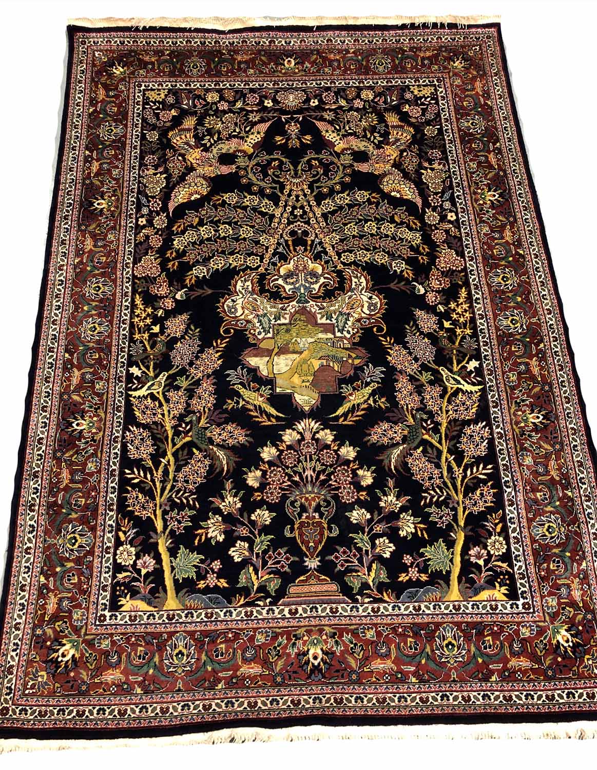 FINE PURE SILK KASHAN DESIGN RUG, 186cm x 125cm.