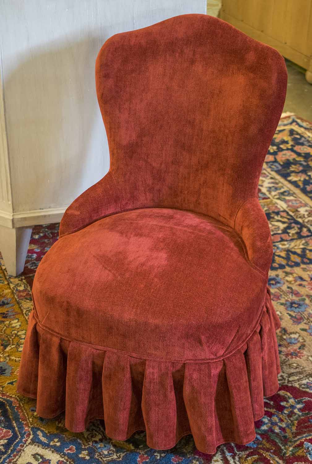 BOUDOIR CHAIR Of Small Proportions In Red Chenille Upholstery With   659 