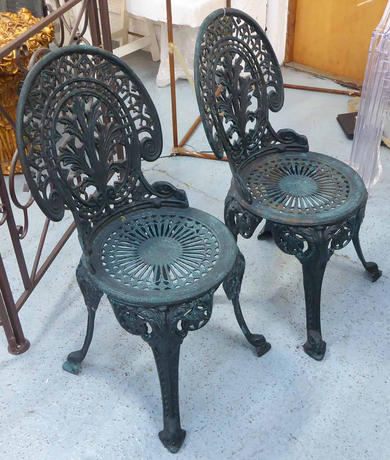 COLEBROOKDALE STYLE GARDEN CHAIRS, a set of four, green painted, 85cm H ...